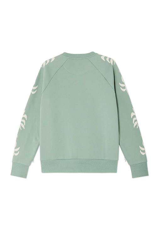 Sage Sundazed Accessible Sweatshirt in sage green with cream palm prints on the sleeves, shown from the back.