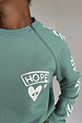 Sage Sundazed Accessible Sweatshirt in green with a cream HOPE graphic and concealed shoulder zip for treatment access.