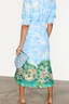 Thumbnail for Back of the Scenery May Dress Petite featuring a Lake Como coastal print, shirred sleeves, and sparkly blue clutch.