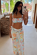 Blue Dreamer Shirred Bandeau Top with sun and heart motifs, paired with matching printed trousers.