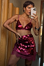 Burgundy Sequin Bra with lace trim and adjustable straps, paired with a matching sequin mini skirt.