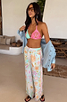 Pink and blue Beaded Shell Triangle Top with beaded shell details, designed in London and styled with printed trousers.