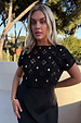 Black Crochet Shell Elodie Dress featuring gold shell embellishments on a crochet top with a black satin skirt.