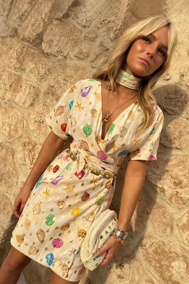 Cream Shell Mini Wrap Dress