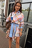 Thumbnail for Pastel check cotton shirt with blue stripe accents and a detachable pussy bow tied at the waist for multi-wear styling.