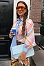 Thumbnail for Pastel check shirt with a blue striped pussy bow and cuffed sleeves, styled in a London street style look.