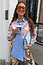Thumbnail for Pastel check cotton shirt with a blue striped detachable pussy bow, styled as a necktie for a London look.