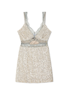 Silver Sequin Mini Mimi Dress featuring a plunging neckline with lace trim and side cut-out detailing.