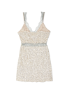 Silver Sequin Mini Mimi Dress featuring a v-neckline and waist with delicate lace trim, shown against a white background.