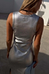 Silver Metallic Ribbed Midi Dress seen from behind, featuring a sleeveless design and embossed back logo detail.