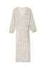 Silver Sequin Kira Wrap Dress with long sleeves, V-neckline and adjustable waist tie on a white background.