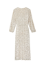 Silver Sequin Kira Wrap Dress with long sleeves and a shimmering sequined texture, shown from the back.