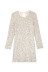 Silver Sequin Mini Soho Dress featuring shimmering sequins, long sleeves and a back keyhole fastening.