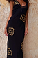 Black & Gold Simona Maxi Dress with geometric sequin patterns and a sheer mesh scoop neckline.