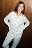 Ski Waffle Pyjamas in white waffle fabric with a ski print, featuring a slit neckline and slim leg trousers.