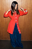 Thumbnail for NFD Red Ski Knit Long Cardigan with embroidered motifs and blue buttons, styled with wide-leg jeans.