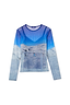 Sheer blue Ski Slopes Mesh Long Sleeve Top with a photographic mountain print and included slip vest.