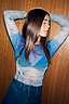 Thumbnail for Blue Ski Slopes Mesh Long Sleeve Top in sheer fabric with a mountain print designed in-house and matching slip vest.