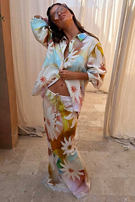 Abstract Soleil Marley Shirt and Mabel Skirt in a multicoloured sun motif print with lace hem detailing.
