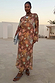 Star Fawn Aria Mesh Dress with sun and star motifs on sheer brown fabric, featuring flared sleeves.