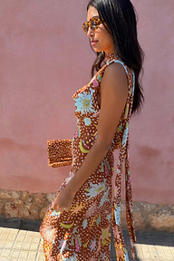 Brown Star Fawn Sophie Dress with sun and star motifs, featuring a draped front and detachable scarf.