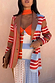 Longline Multi Stripe Blazer in red and blue, designed in London and styled with a leopard print clutch.