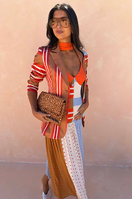 Multi Stripe Blazer with red and blue satin-esque stripes, a longline statement staple designed in London.