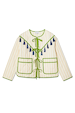 Butter Yellow Stripe Quilted Jacket featuring green trim, tie-front fastenings, and blue tassels.