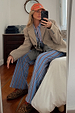 Blue Cotton Stripe Jogger with red pinstripes, styled with a checkered blazer and leopard print trainers.