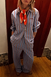 Blue Cotton Stripe Miley Shirt with red pinstripes and fish embroidery, styled as a co-ord with matching trousers.