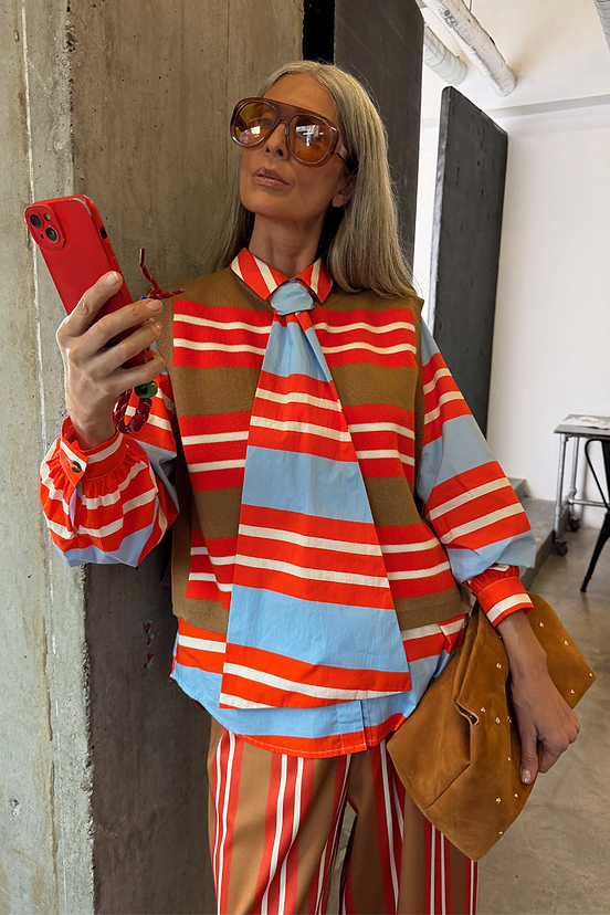 Multi Stripe Tank Top in tan and red soft touch knit, layered with stripes for a dopamine dressing look.