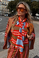 Multi Stripe Tank Top in tan and red soft touch knit, layered with a draped blazer for a London look.