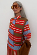 Multi Stripe Tank Top in tan and red soft touch knit, layered over a striped shirt for a London look.