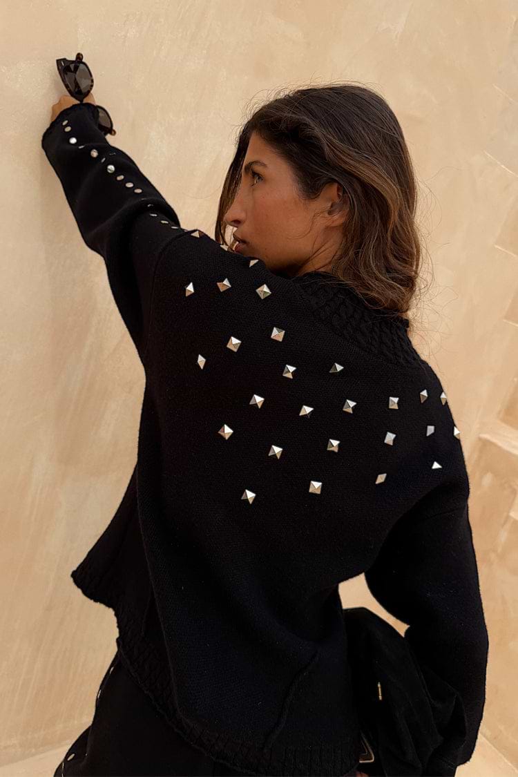 Black Studded Cardigan featuring silver metal pyramid studs on the back and sleeves for an elevated, statement look.