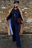 Thumbnail for Navy Studded Cardigan with silver studs, styled as a co-ord with matching trousers and a tan trench coat.