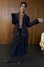 Thumbnail for Chocolate brown suede Jaspre midi wrap skirt and matching blazer co-ord styled with gold jewellery.