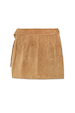 Tan brown suede mini Jaspre wrap skirt featuring a multi-wear tie waist.