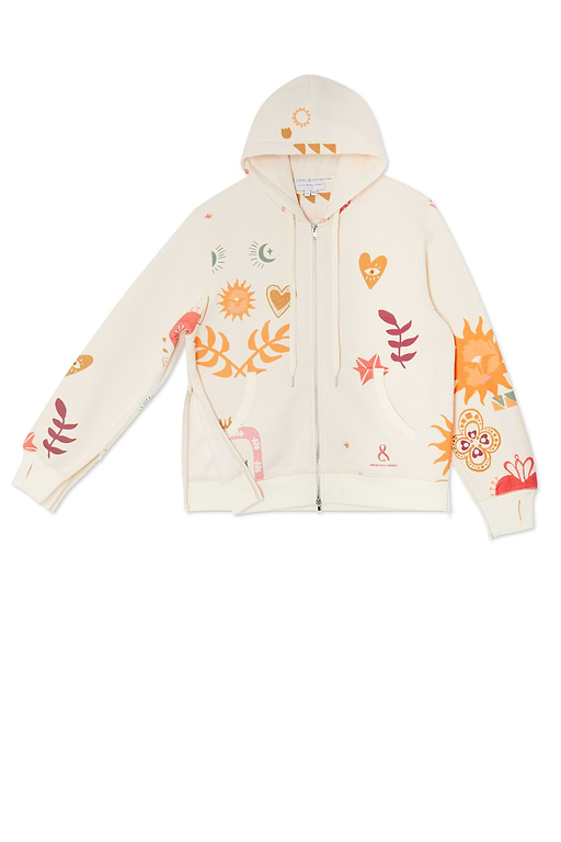 Cream Sundazed Accessible Hoodie featuring sun and heart prints with concealed zips for treatment accessibility.