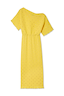 Yellow Sunshine Tilly Dress in plisse with gold flecks, featuring an asymmetric neckline and lettuce hem.
