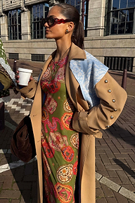 Tan Trench Coat with gold studs and pinstripe lining, a statement staple layered over a vibrant printed dress.