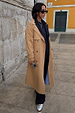 Tan Trench Coat with Gold Studs and pinstripe lining, a statement staple designed in London on a 5ft5” model.