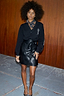 Black Vegan Leather Mini Jaspre Skirt Petite with a wrap tie waist, styled with a black tarot cardi.