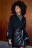 Black Vegan Leather Mini Jaspre Skirt with a wrap waist, paired with an embroidered Tarot cardigan.