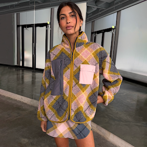 Tartan Pocket Detail Borg Fleece Jacket