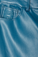 Close-up of teal vegan leather trousers featuring a detailed embroidered logo on the pocket and stitching.