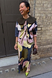Teal Mara Abstract Cheryl Cardigan with a detachable wool collar, styled as a co-ord with a matching print skirt.