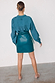 Teal Vegan Leather Mini Jaspre Skirt in a multi-wear wrap style, shown from the back with a matching teal blouse.