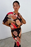 Chocolate Abstract Tilly Dress with gold metallic flecks and a brushstroke print on pleated fabric.