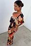 Chocolate Abstract Tilly midaxi dress with gold metallic flecks, featuring a voluminous top and multi-colour abstract print.