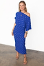 Cobalt blue Tilly Plisse Dress with silver flecks, featuring an off-the-shoulder neckline and asymmetric sleeves.